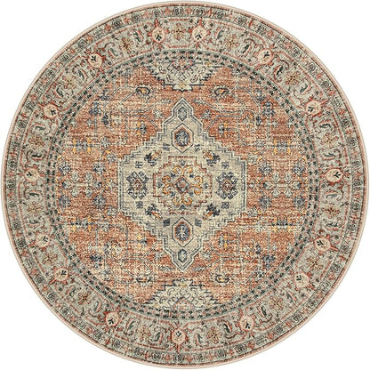 Lahome Oriental Washable Round Rugs, Non-Slip Round Rug 4ft Ultra-Thin, Vintage Soft Small Circle Carpet for Entryway Kitchen Bedroom Nursery Bathroom, Peach/Orange
