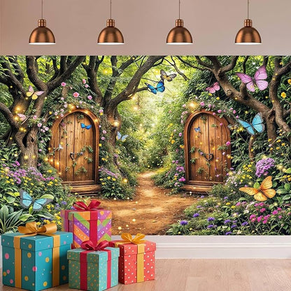 12X10ft Enchanted Forest Backdrop Fairy Tale Green Enchanted Garden Wonderland Floral Butterfly Photography Background for Kids Girl Baby Shower Birthday Party Decoration Banner Booth Props