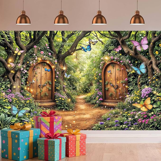 5X3ft Enchanted Forest Backdrop Fairy Tale Green Enchanted Garden Wonderland Floral Butterfly Photography Background for Kids Girl Baby Shower Birthday Party Decoration Banner Booth Props