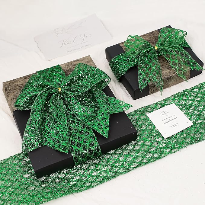 VATIN 4" Green Christmas Ribbon, Green Glitter Mesh Diamond Web Sequin Dots Wired Christmas Ribbon for Gift Wrapping Bow Making Wreath Supply-10 Yards