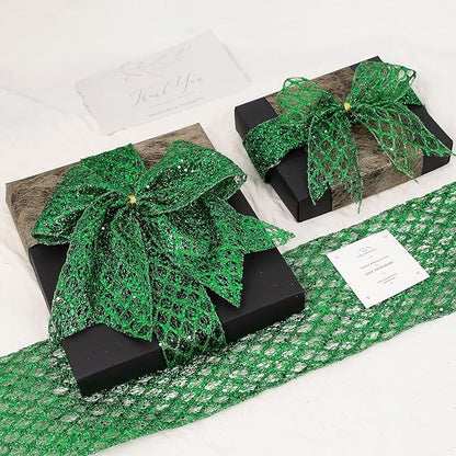VATIN 2-1/2" Green Christmas Ribbon, Green Glitter Mesh Diamond Web Sequin Dots Wired Christmas Ribbon for Gift Wrapping Bow Making Wreath Supply-10 Yards