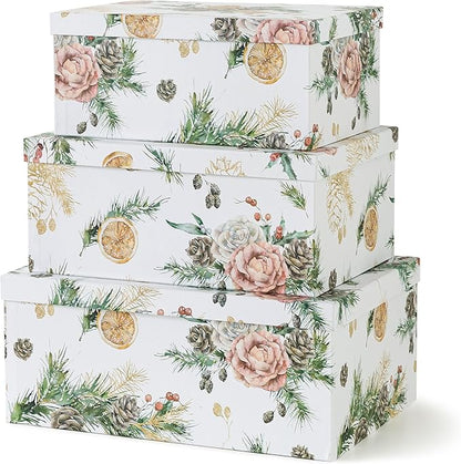 Soul & Lane Christmas Gift Box - Evergreen Ensemble - Set of 3: Holiday Themed Nesting Storage Boxes, Keepsake and Photo Boxes with Lids, Festive Decorative Cardboard Containers for Presents