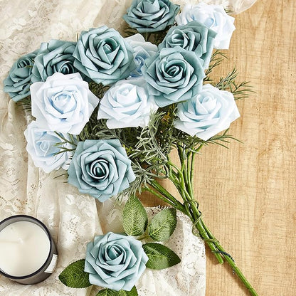 Artificial Flowers, 50pcs Blue Artificial Rose for DIY Wedding Bouquets Centerpieces Arrangements, Fake Flower with Stems for Party Home Decorations