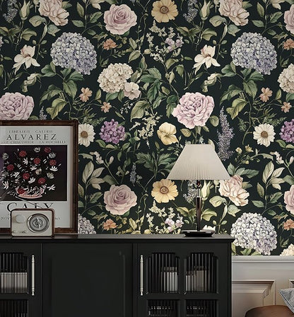 HeloHo Vintage Floral Peel and Stick Wallpaper Boho Contact Paper Dark Flower Self-Adhesive Removable Wallpaper Renter Friendly Botanical Wall Paper for Cabinets Bedroom Vinyl Rolls 17.3"x78.7"