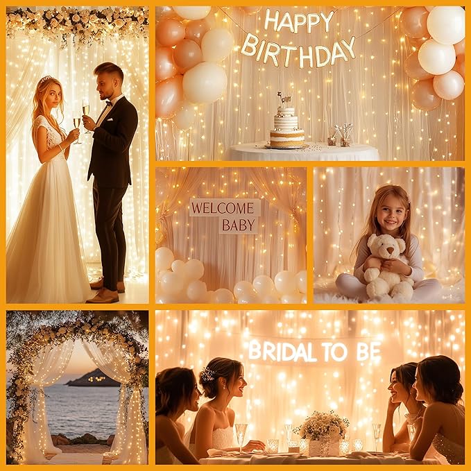 Tulle Curtain Backdrop with 300 LED Fairy Lights for Parities Wrinkle-Free Sheer Curtain Drapes Photo Back Drop for Wedding Baby Shower Bridal Shower Birthday Home Décor-10ft×10ft, Champagne