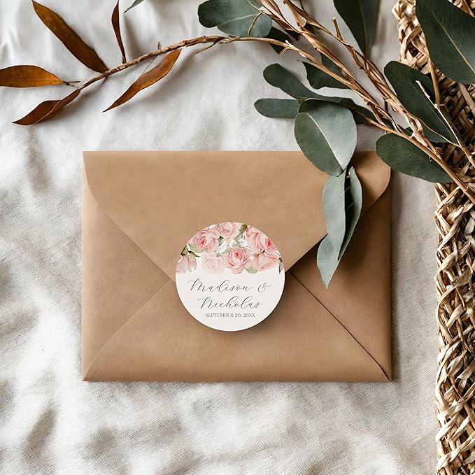 Personalized Floral Wedding Stickers with Your Choice of 30 Flower Styles - Choose Font and One of Five Pre-made Phrases or Add Custom Text (015 - Pink Flowers Roses)