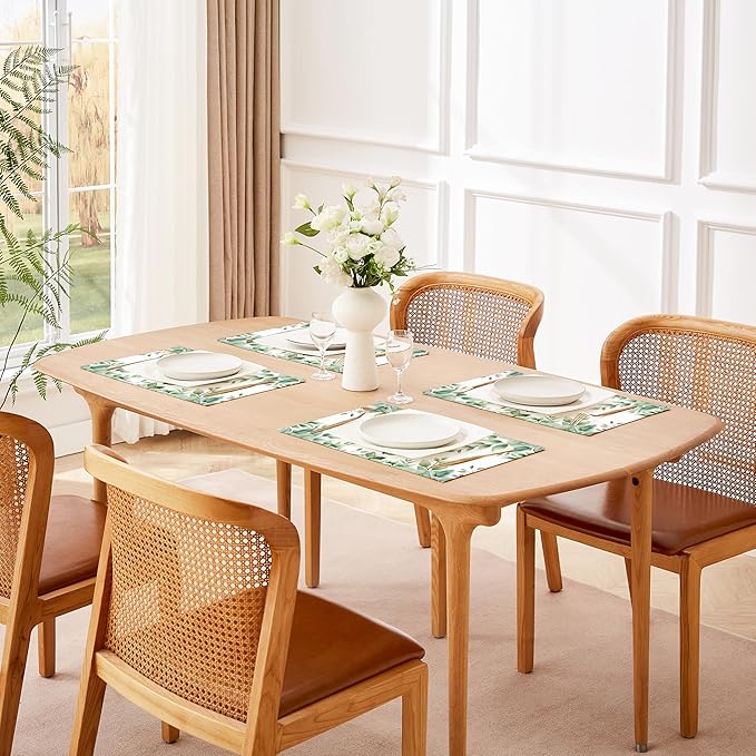 QIYI Boho Placemats Set of 6, 12x18 Inch Linen Fabric Place Mats for Kitchen Dinning, Farmhouse Rustic Cloth Table Mats, Washable Placemat Watercolor Foliage Party Table Décor, Green Leaves Border
