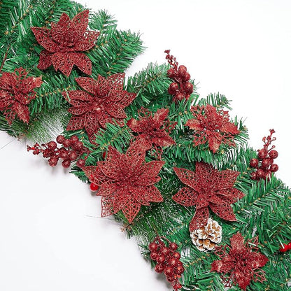 Zhuqing 22Pcs Christmas Poinsettia Artificial Flowers and Glitter Berries Stems Kit, 16Pcs Christmas Tree Flowers Ornaments and 6 Pack Christmas Tree Picks for Wedding Holiday Decorations (Red)