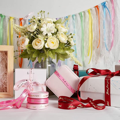 MEEDEE Pink Ribbon for Gift Wrapping Thank You Just for You Ribbon Mothers Day Gift Box Double Face Satin Assortment Thin Pink Satin Fabric, 5 Rolls 10 Yards Each Total 50 Yards