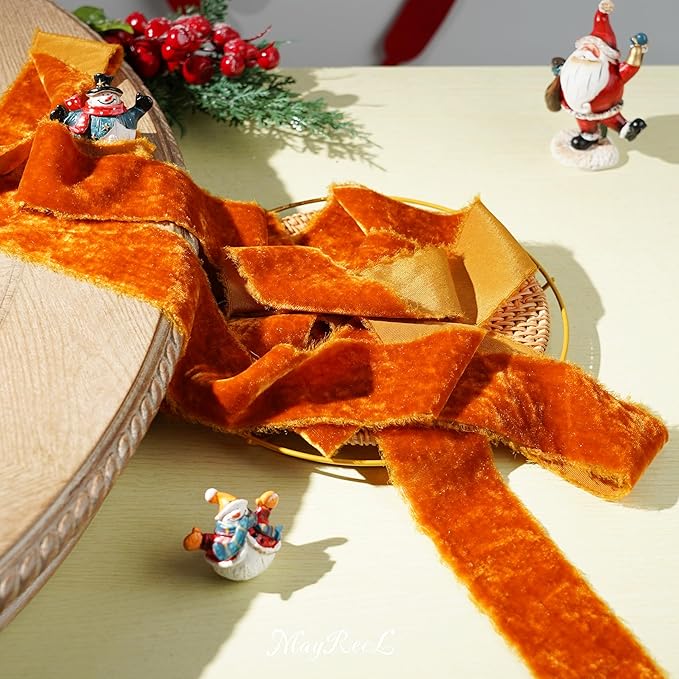 MAYREEL Terracotta Velvet Ribbon 2 Inch Hand Torn Burnt Orange Silk Frayed Edge Ribbon for Thanksgiving Bridal Bouquets Invitations Wedding Vow Books Gift Baskets 3 Yards