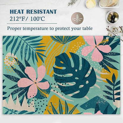 Boho Foliage Botanical Placemats Set of 4, Tropical Palm Leaves and Floral Place Mats Heat Resistant Washable Non-Slip Table Mats for Party Kitchen Dining Decor 12x18 Inch