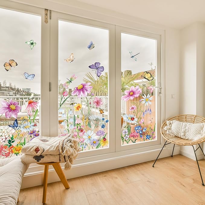 9 Pcs Flowers Wall Decals Peel and Stick, Colorful Wildflower Dragonflies Floral Wall Stickers for Living Room Bedroom Baby Nursery