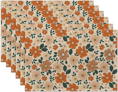 70s Retro Floral Flowers Placemats Set of 6 Washable Table Mats for Kitchen Dining Table,Heat-Resistant Place Mats for Indoor Outdoor Party Holiday Decoration