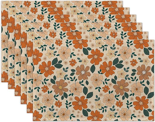 70s Retro Floral Flowers Placemats Set of 6 Washable Table Mats for Kitchen Dining Table,Heat-Resistant Place Mats for Indoor Outdoor Party Holiday Decoration
