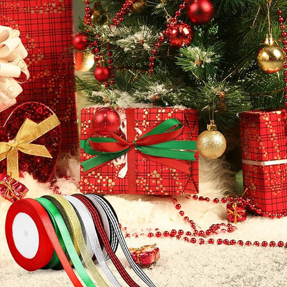 6 Rolls Christmas Wrapping Ribbon 3/8 Inch x 150 Yards Glitter Fabric Holiday Festival Satin Plaid Ribbons for Wrapping Decoration Floral Bows Craft(Christmas)