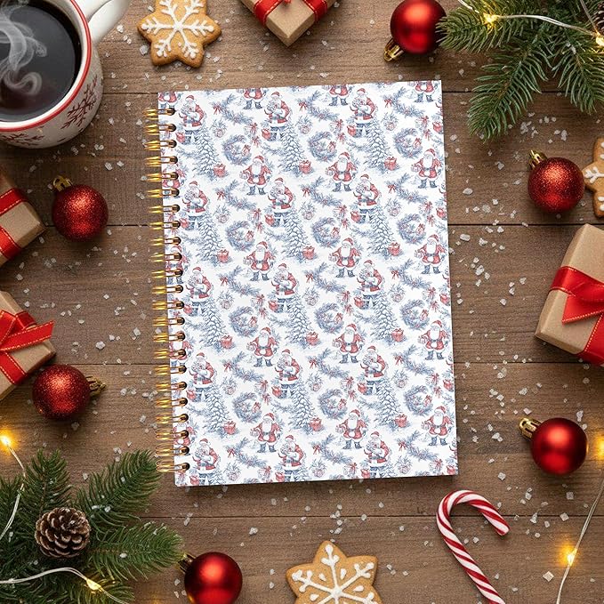 VIIJJUE Blue and White Chinoiserie Christmas Santa Notebook for Women, Vintage French Country Toile de Jouy Journal, Xmas Red Santa Holiday Hardcover Spiral Notebooks, 5.5x8.3 Inch-04