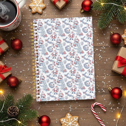 VIIJJUE Blue and White Chinoiserie Christmas Santa Notebook for Women, Vintage French Country Toile de Jouy Journal, Xmas Red Santa Holiday Hardcover Spiral Notebooks, 5.5x8.3 Inch-04