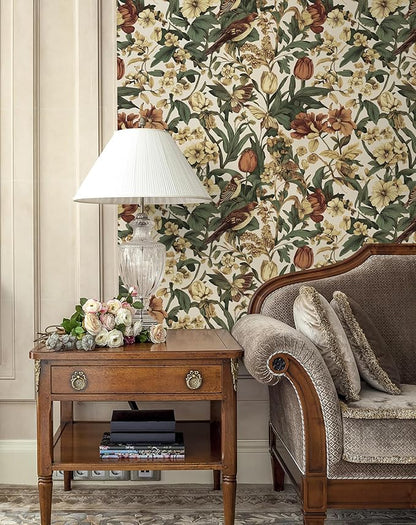 Erfoni 17.3" x118" Floral Birds Wallpaper Vintage Floral Peel and Stick Wallpaper Decoration DIY Self Adhesive Contact Paper Removable Wall Paper for Bedroom Cabinets Covering Boho Flower Leaf Beige