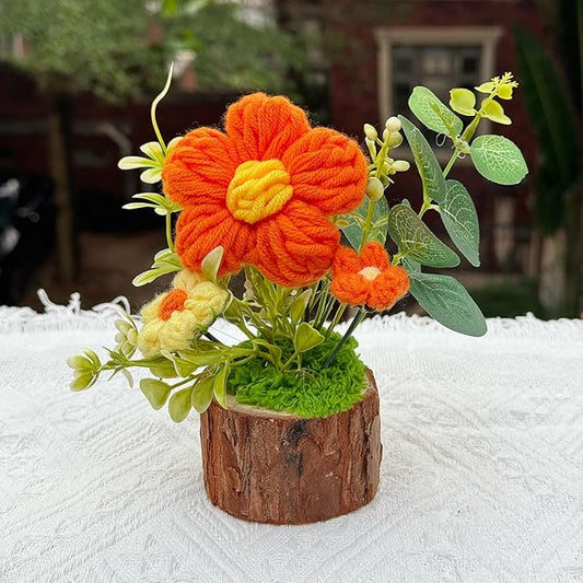 Handmade Crochet Puff Flowers Bouquet Creative Knitted Potted Plant Cute Home Desktop Decorations and Gifts for Friends, Lovers, Classmates