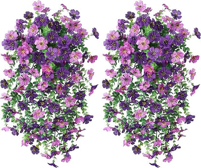 Artificial Faux Hanging Flowers Plants for Spring Outdoor Outside Decoration, 2 PCS Fake Silk Daisy with Eucalyptus UV Resistant Realistic Trailing Vines for Balcony Patio Porch (Darkpurple+Purple)