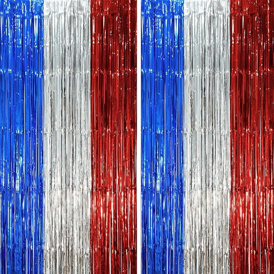 2 Pack Blue Red Silver Foil Fringe Backdrop Curtains, Tinsel Streamers Party Decorations, Fringe Backdrop, Door Shimmer for Independence Day or Birthday Party
