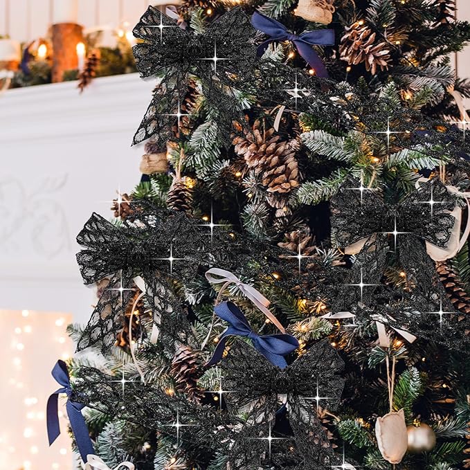 Geosar 20 Yards Black Mesh Glitter Wired Ribbon for Christmas Tree Decorations, Gift Wrapping, DIY Craft, Xmas Wreaths, Cabinet Decor (1.5 Inch)