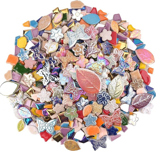 2.5 lb Ceramic Mosaic Tiles for Crafts Mix – Irregular Ceramic Pieces with Flower, Butterfly & Leaf Shapes for Mosaics DIY Art Projects and Home Decor