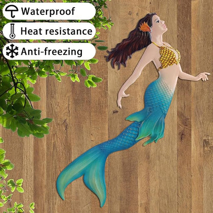 John's Studio Metal Mermaid Sea Wall Decor Outdoor Garden Hanging Art Sculptures Home Ocean Theme Decorations for Kitchen Bathroom and Pool - 14.9Inches