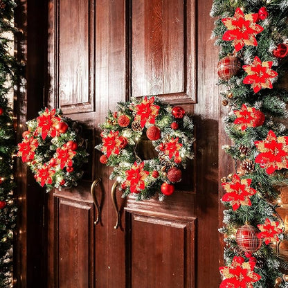 24 Christmas Glitter Artificial Poinsettia Flowers Xmas Poinsettia Artificial Wedding Flowers Decorations Xmas Tree Ornaments with Clips for Party Favors, 6 Inch, 4 Inch, 3 Inch (Red and Gold)