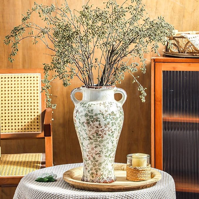 Enra Farmhouse Vintage vase with Handle,12.6 in Ceramic Chinoiserie Floral Vase,Green and Beige Decorative Flower vase,Large Rustic Vases for Home Decors, Living Room, Bookshelf, Office