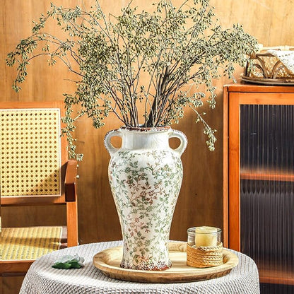 Enra Farmhouse Vintage vase with Handle,12.6 in Ceramic Chinoiserie Floral Vase,Green and Beige Decorative Flower vase,Large Rustic Vases for Home Decors, Living Room, Bookshelf, Office