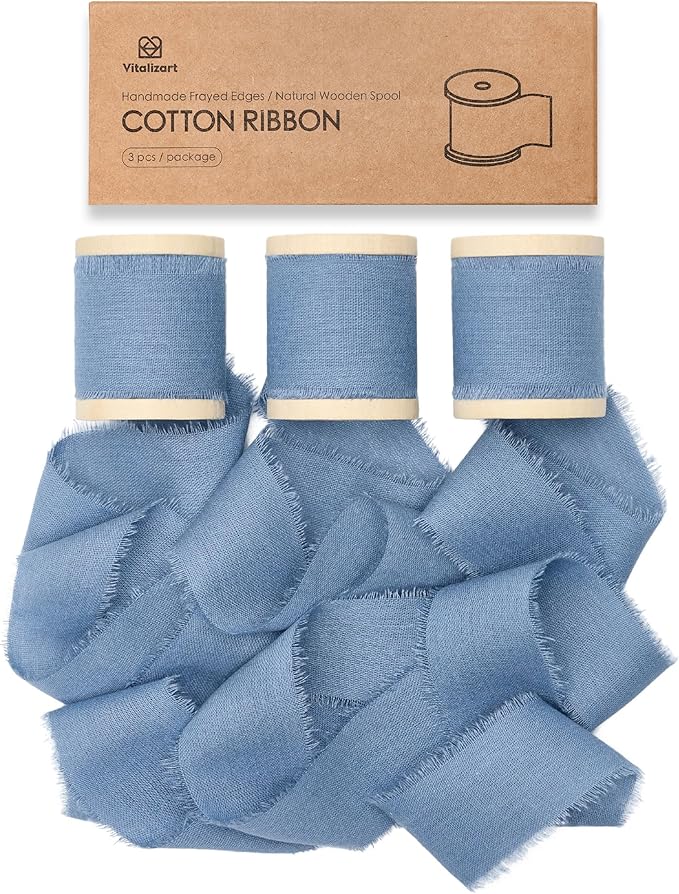 Vitalizart Dusty Blue Ribbon 1-1/2" x 15 Yd 100% Cotton Handmade Frayed Fringe Fabric Ribbons for Gift Wrapping Wedding Invites Bridal Shower Bouquets Christmas Decorations