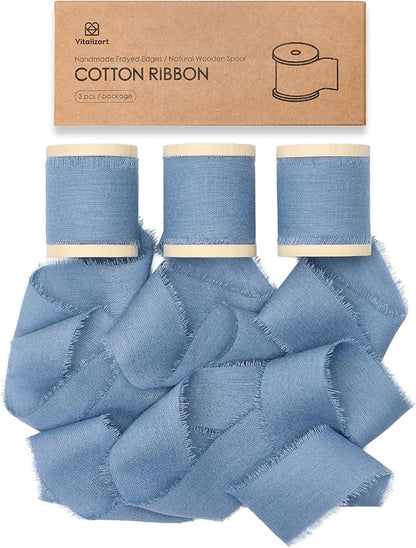 Vitalizart Dusty Blue Ribbon 1-1/2" x 15 Yd 100% Cotton Handmade Frayed Fringe Fabric Ribbons for Gift Wrapping Wedding Invites Bridal Shower Bouquets Christmas Decorations