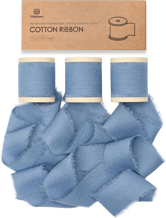 Vitalizart Dusty Blue Ribbon 1-1/2" x 15 Yd 100% Cotton Handmade Frayed Fringe Fabric Ribbons for Gift Wrapping Wedding Invites Bridal Shower Bouquets Christmas Decorations