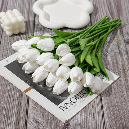 KAOYOO 18PCS Artificial Tulip Flowers Bouquet - Faux Latex Tulips for Home Decor,Office Desk,Kitchen Table,Wedding Centerpiece,Party,Spring Decoration(White,18 Pack)