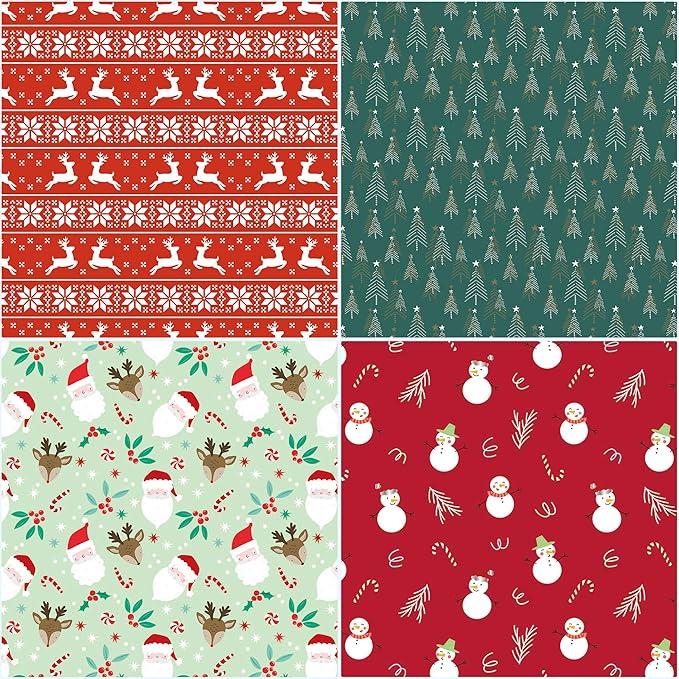 Hexablenzio Christmas Wrapping Paper Bulk Set of 4 Rolls (148 sq. ft. ttl) Santa Claus, Reindeer, Christmas Tree, Snowman Patterns for Holiday Gift Wrap - 30 inches x 14.8 feet Per Roll