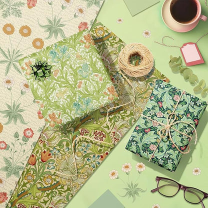 12 Sheets William Morris Wrapping Paper Set William Morris Gift Wrapping Paper 6 Design Green Vines and Flowers Pattern Paper for Flowers Themed Party Wedding Bridal Shower Baby Shower 20'' x 27''