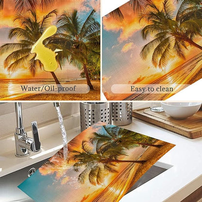 Summer Palm Beach Placemats Set of 6,Washable Heat Resistant 12×18 Inch Linen Table Mats Tropical Place Mats for Party Outdoor Dining Décor