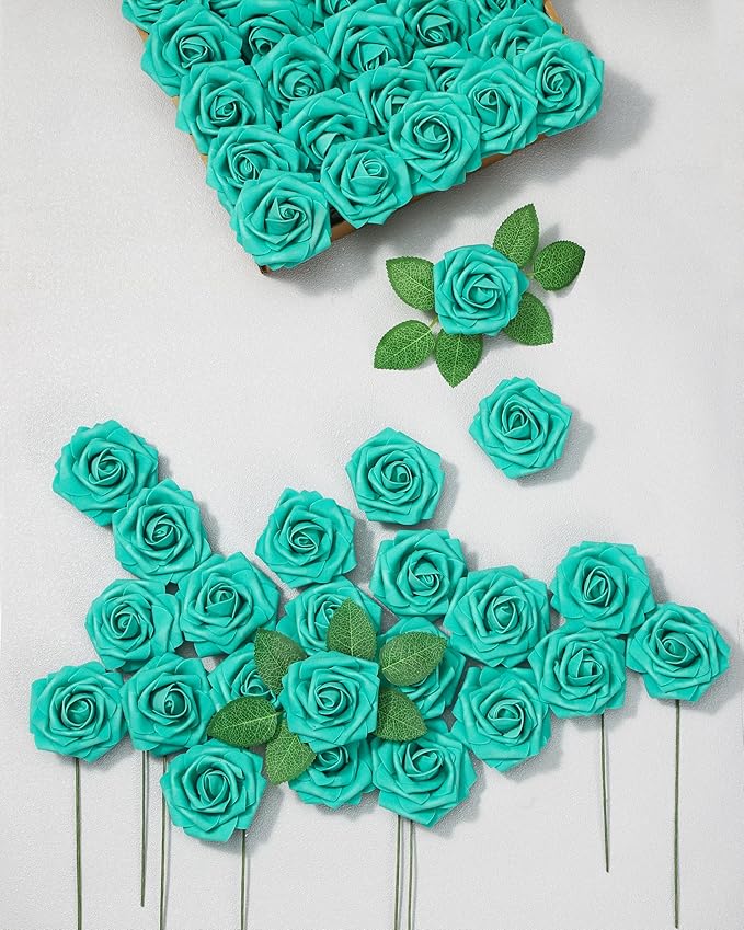 DuHouse Artificial Roses Flowers Fake Roses with Stems Real Touch Foam Flowers for DIY Wedding Bouquet Baby Shower Centerpiece Floral Arrangement Party Home Decor(Teal Blue-Green)