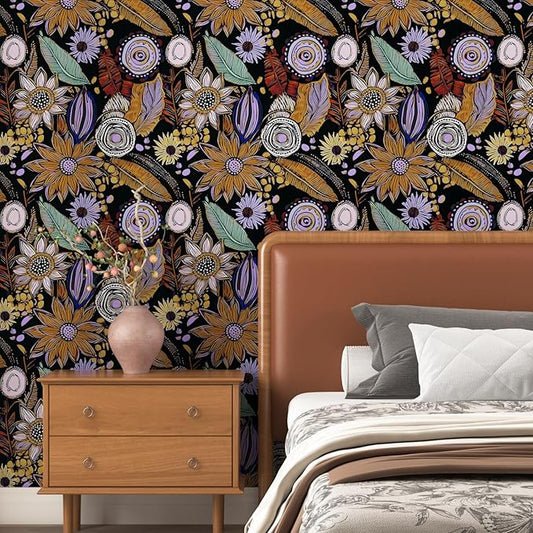 Dark Boho Wallpaper Peel and Stick,Vintage Black Yellow Purple Floral Contact Paper, Botanical Flowers Retro Wall Paper Self Adhesive Removable Waterproof for Walls Shelves Cabinet Table 17.5" x 118"