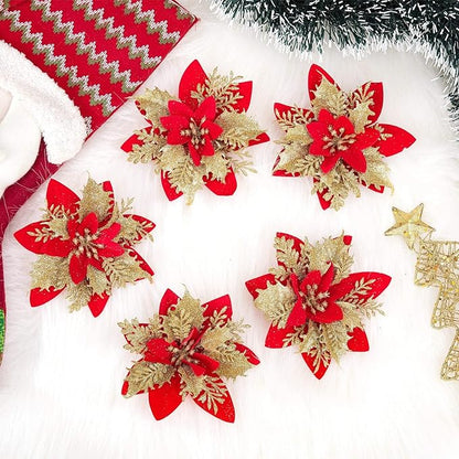 Zhuqing 15Pcs Christmas Poinsettia Artificial Flowers Decorations, Glitter Poinsettia Christmas Tree Ornaments, Red Tree Flowers for Xmas/Party/Holiday/Wreath/Garland Decor, with Cilps, 5.5 Inch