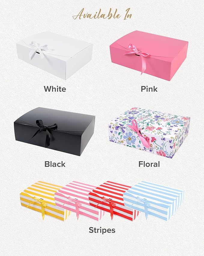 HummingBox Pink Gift Box Set of 16 - Gift Boxes for Presents & gifting on weddings, birthdays & more - Easy to Assemble Pink Gift Boxes With Lids & Ribbon Closure - Decorative Boxes With Lids