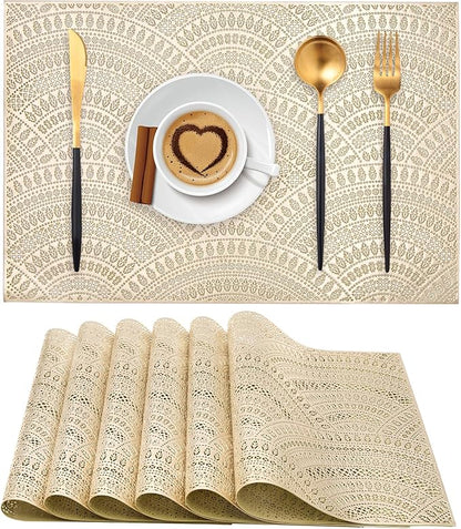 Gold Rectangle Placemats Set of 6, Vinyl Place Mats Hollow-Out Curved Pattern Waterproof Oil-Proof Wipeable Table Mats for Kitchen and Dining Centerpiece Table Decorations