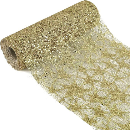 MEEDEE Gold Glitter Mesh Star Web Ribbon 10 Inch Wide by 10 Yards Roll Gold Mesh Fabric Ribbons Decorative Mesh Ribbon for Christmas Tree, Garland, Holiday Crafts, Wreaths, Bows, Home Decor