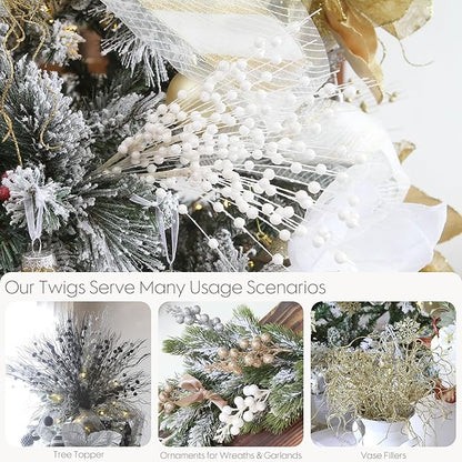Sea Team 24-Pack Artificial Glitter Berry Stem Ornaments, Decorative Bead Sticks, Glittery Twigs, Picks, Branches for Christmas Tree, Small Vase, Holiday, Wedding, Party (17 Inches, White)