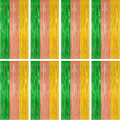 8 Pack Hawaiian Party Decorations, 3.28 FT x 7.05 FT Luau Party Decorations, Green Brown Yellow Backdrop Fringe Curtains Foil Streamer, Metallic Summer Decor Photo Booth Props
