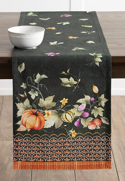 Maison d' Hermine Table Runner 100% Cotton Single Layer Table Runners 108 inches Long for Thanksgiving Christmas Decorations Home Kitchen Dining Wedding (Pumpkin Garden - Dark Green, 14.5" x 108")