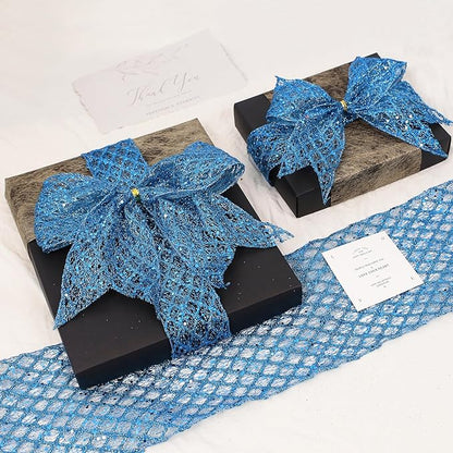 VATIN 6" Blue Christmas Ribbon, Blue Glitter Mesh Diamond Web Sequin Dots Wired Christmas Ribbon for Gift Wrapping Bow Making Wreath Supply-10 Yards
