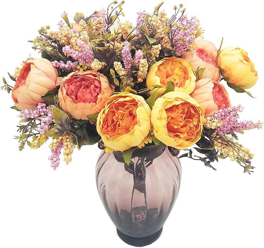1pcs Artificial Peony Bouquet,19 Inch Silk Peony Bunch with 7 Faux Flowers,Classical Style Artificial Flowers with Leaves and Ornaments for Wedding,Home Décor Centerpieces(Orange)