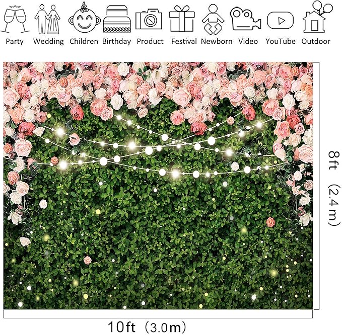 Riyidecor Flower Wall Backdrop Vinyl for Woman Green Leaves Plant Pink Rose Floral Blossom Spring Nature Botanical Birthday 10Wx8H Feet Girls Photography Background Birthday Photo Studio Shoot